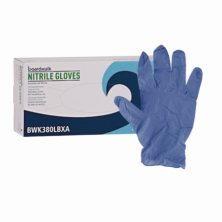 Boardwalk 380 Series, Disposable Gloves, 4 mil Palm, Nitrile, Powder-Free, L, 100 PK, Blue 380LBXA